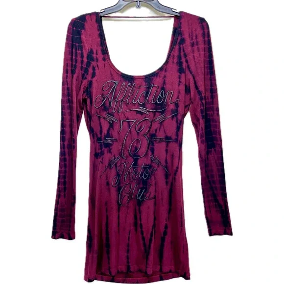 Affliction Womens Rocco Dress Burgundy Black Tie Dye Cowl Neck Long Sleeve M - Picture 3 of 8